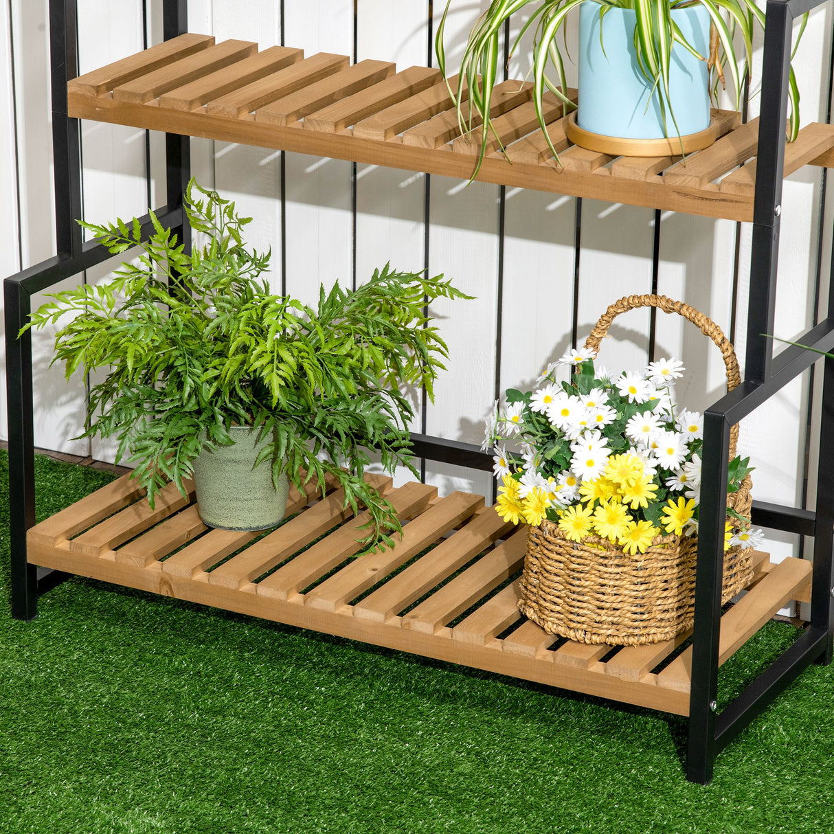 Metal 3 Tier Plant Stand 80cm Wide With Hanging Hooks - Velmora