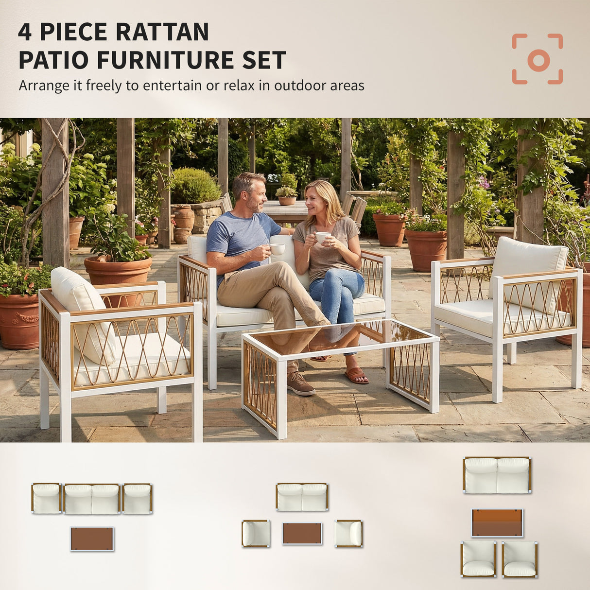 Metal 4 Pieces Conversation Garden Sofa Set With 2 Armchairs and Table - Velmora