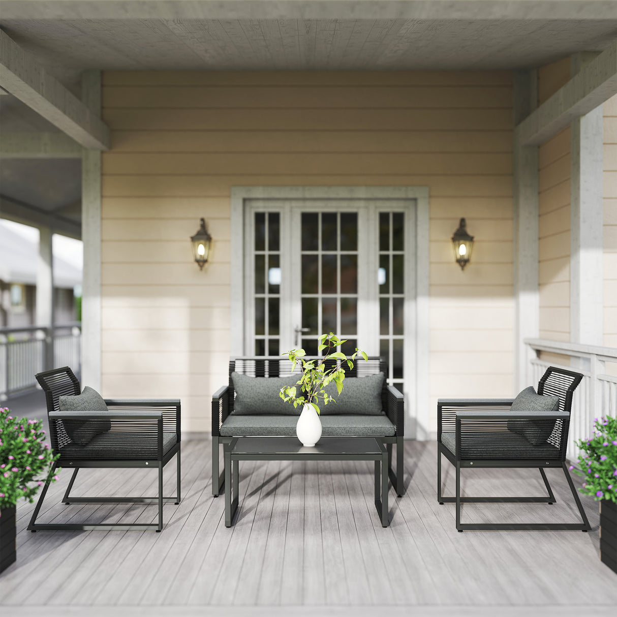 Metal 4 Pieces Garden Sofa Set With Rectangular Coffee Table - Velmora