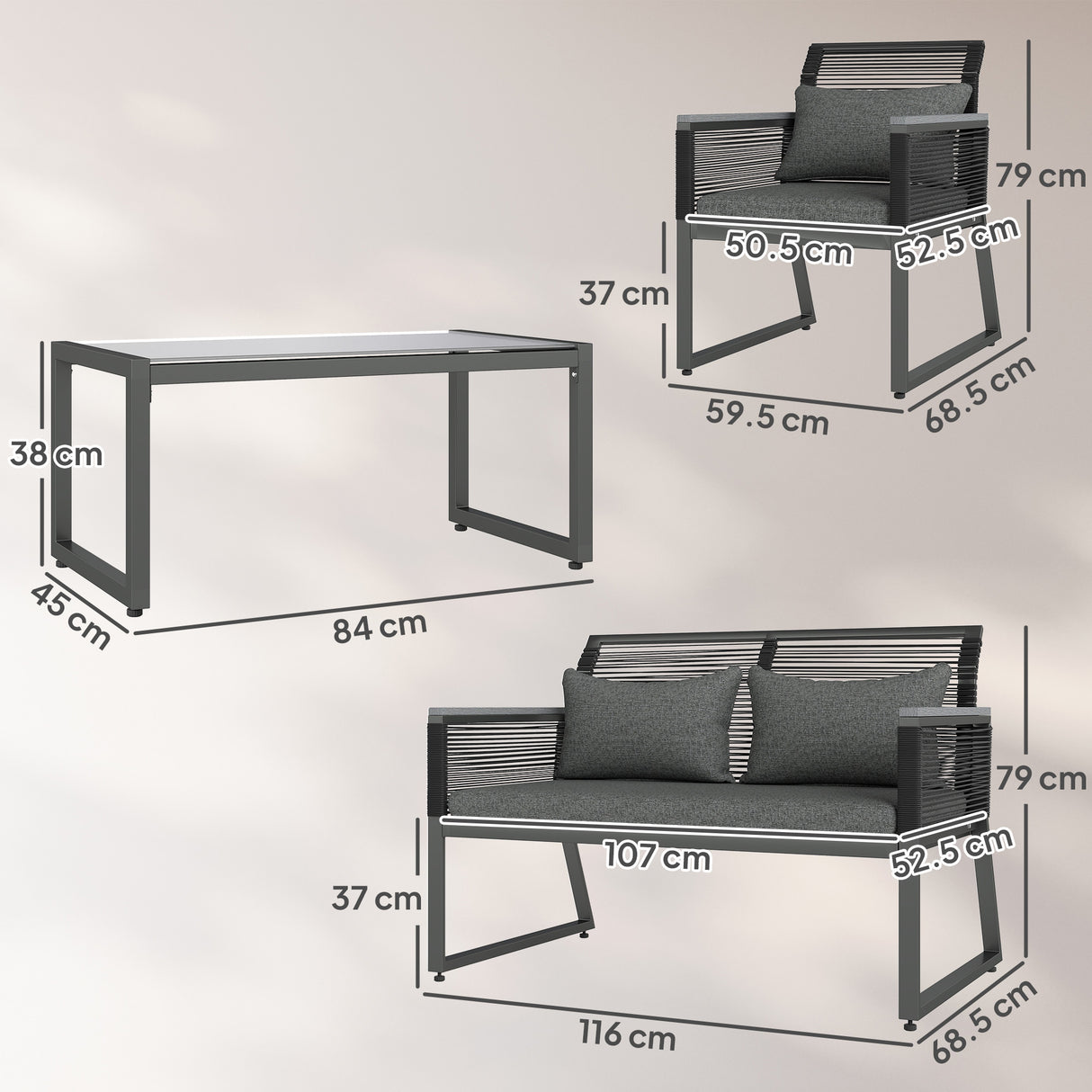 Metal 4 Pieces Garden Sofa Set With Rectangular Coffee Table - Velmora