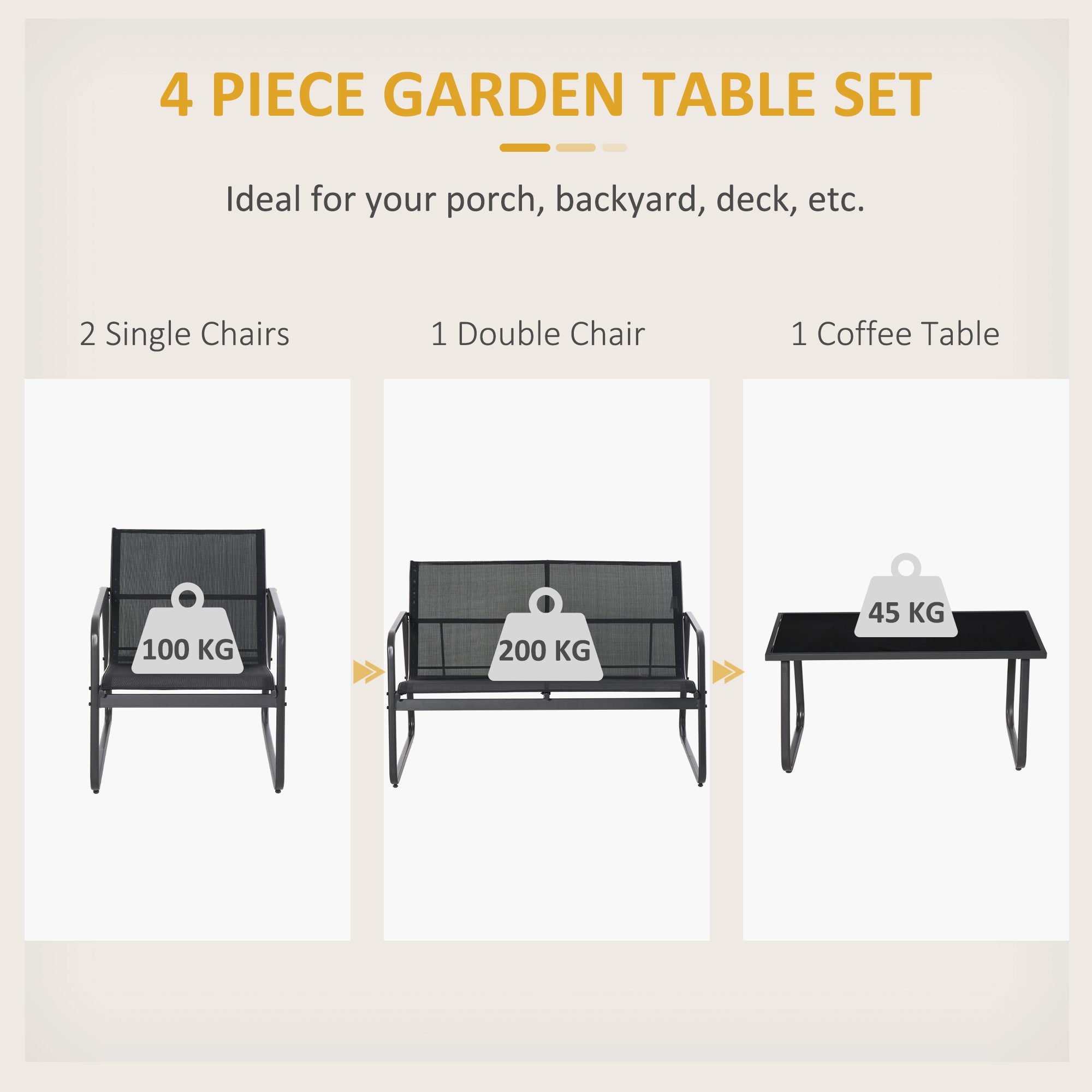 Metal 4 Seater Minimalistic Garden Sofa Set With Glass Top Coffee Table - Velmora