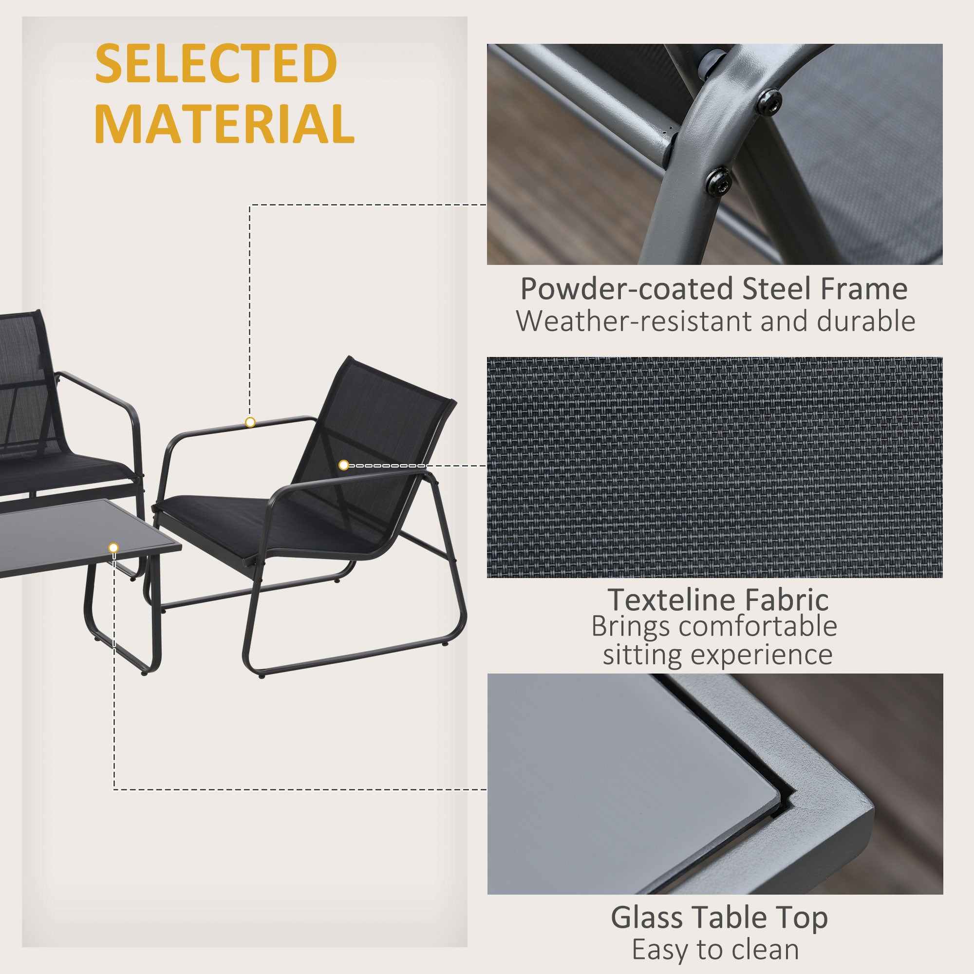 Metal 4 Seater Minimalistic Garden Sofa Set With Glass Top Coffee Table - Velmora