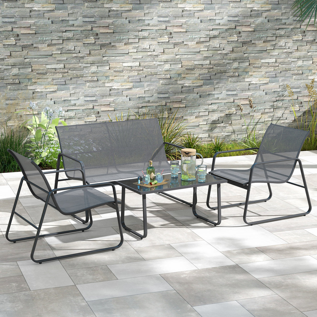 Metal 4 Seater Minimalistic Garden Sofa Set With Glass Top Coffee Table - Velmora