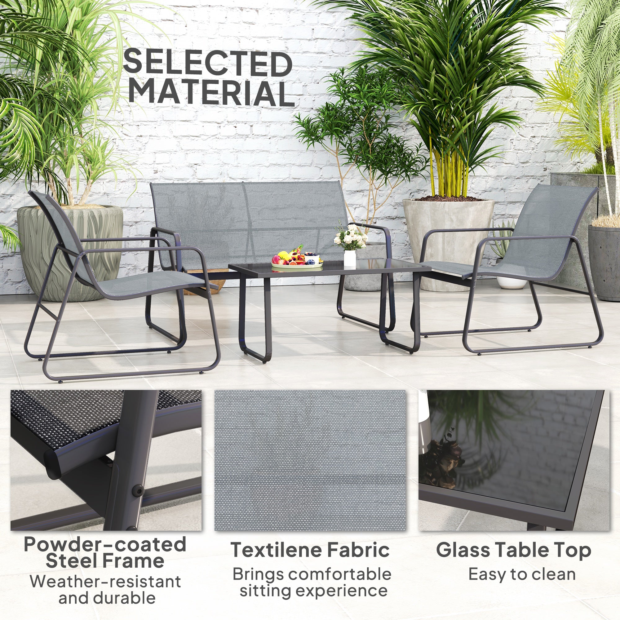 Metal 4 Seater Minimalistic Garden Sofa Set With Glass Top Coffee Table - Velmora
