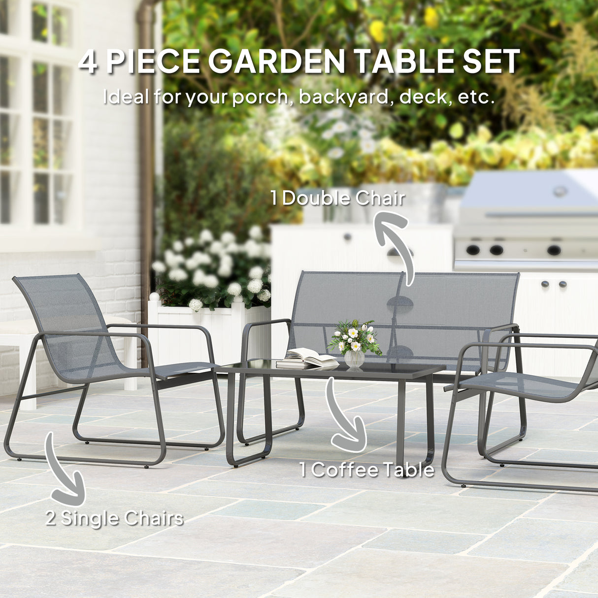 Metal 4 Seater Minimalistic Garden Sofa Set With Glass Top Coffee Table - Velmora