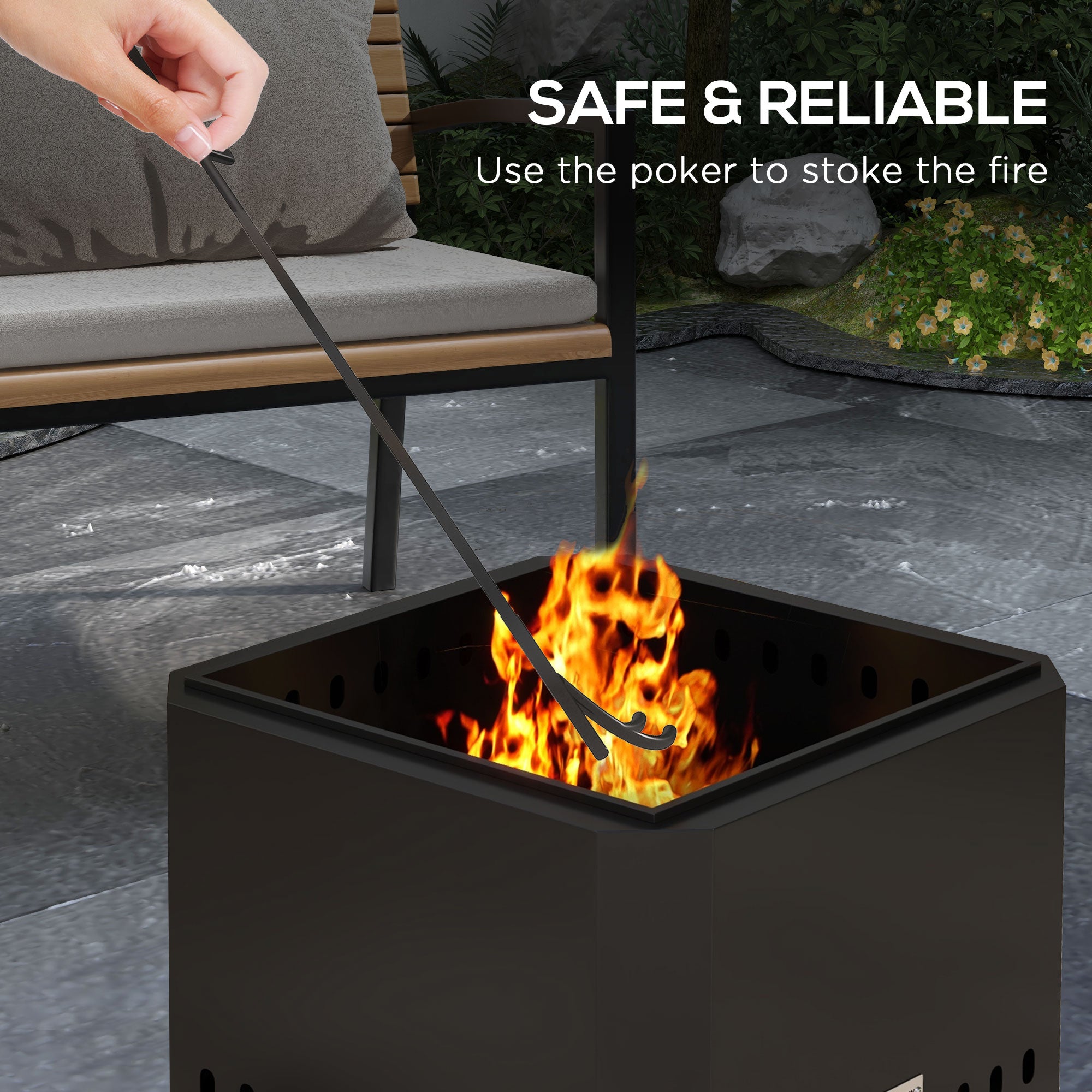Metal 48 cm Portable Wood Burning Square Smokeless Fire Pit With Poker - Velmora