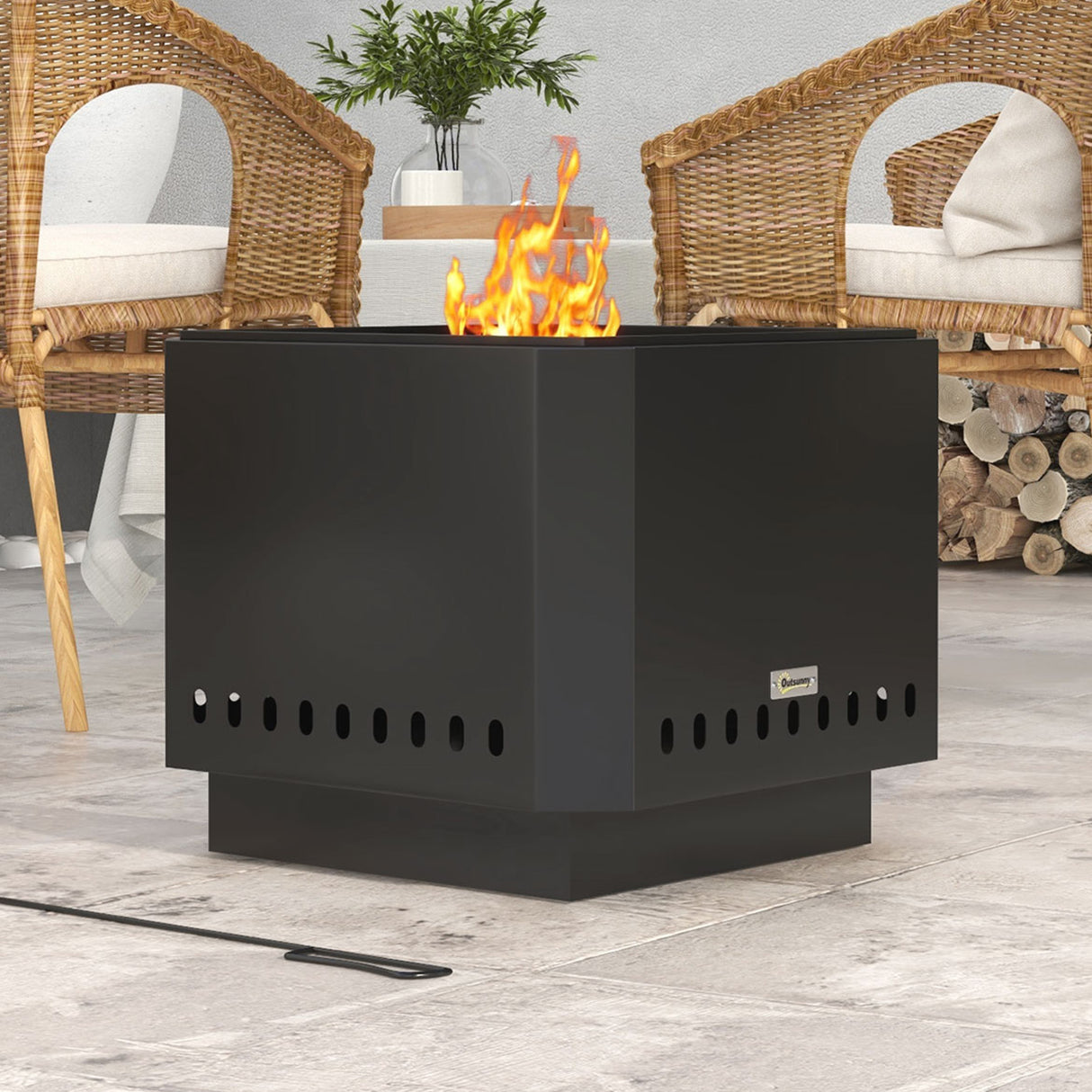 Metal 48 cm Portable Wood Burning Square Smokeless Fire Pit With Poker - Velmora