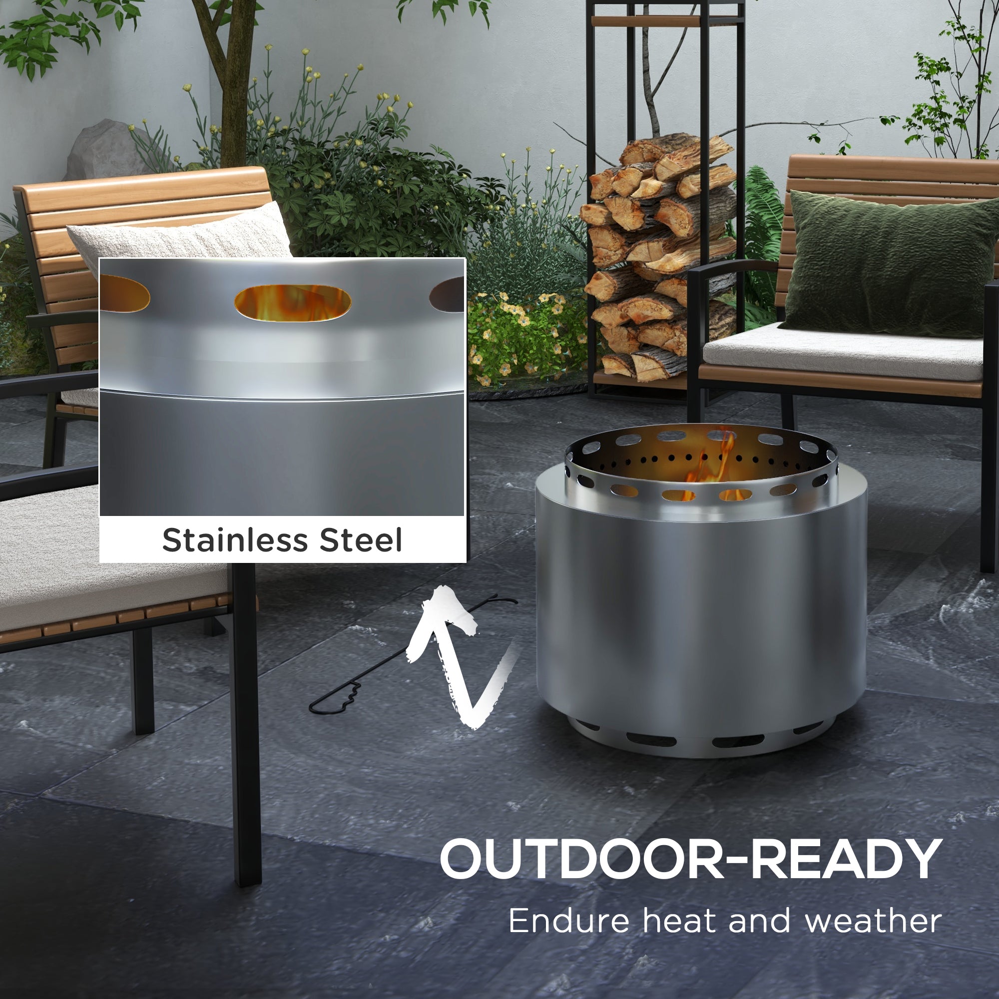 Metal 48.5cm Portable Wood Burning Smokeless Fire Pit With Poker - Velmora