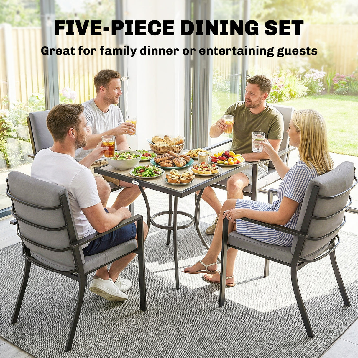 Metal 5 Pieces Square Garden Dining Set With Stackable Chairs And Cushions - Velmora
