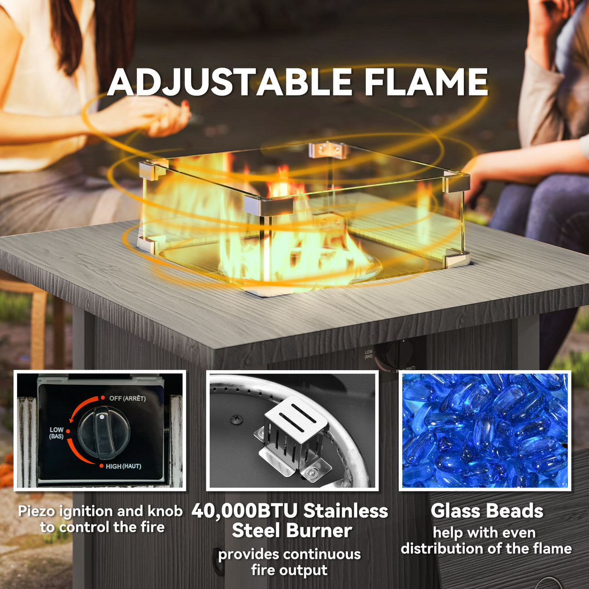 Metal 50,000 BTU Gas Fire Pit Table 71cm With Cover and Glass Screen - Velmora