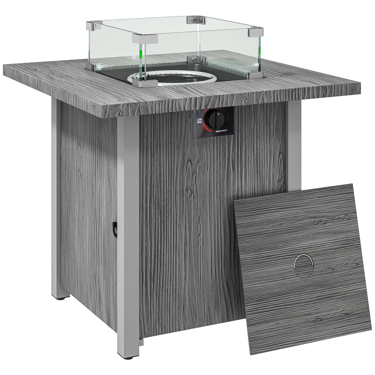 Metal 50,000 BTU Gas Fire Pit Table 71cm With Cover and Glass Screen - Velmora