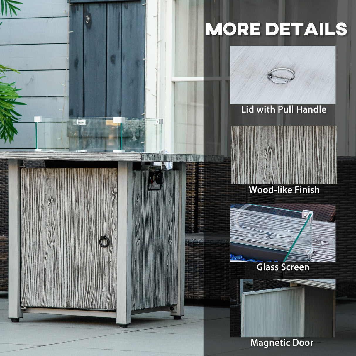 Metal 50,000 BTU Gas Fire Pit Table 71cm With Cover and Glass Screen - Velmora