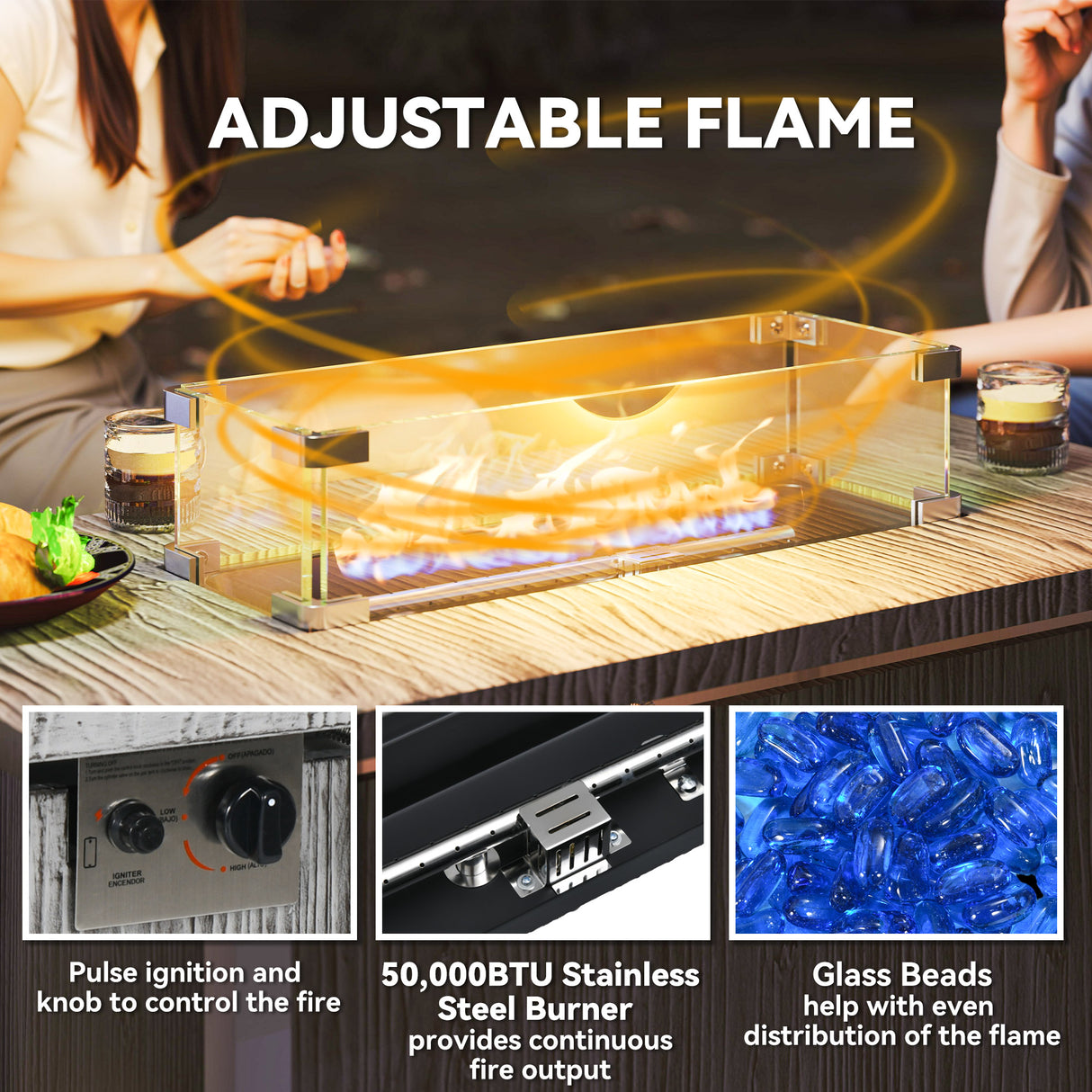 Metal 50,000 BTU Gas Fire Pit Table With Cover and Glass Screen - Velmora