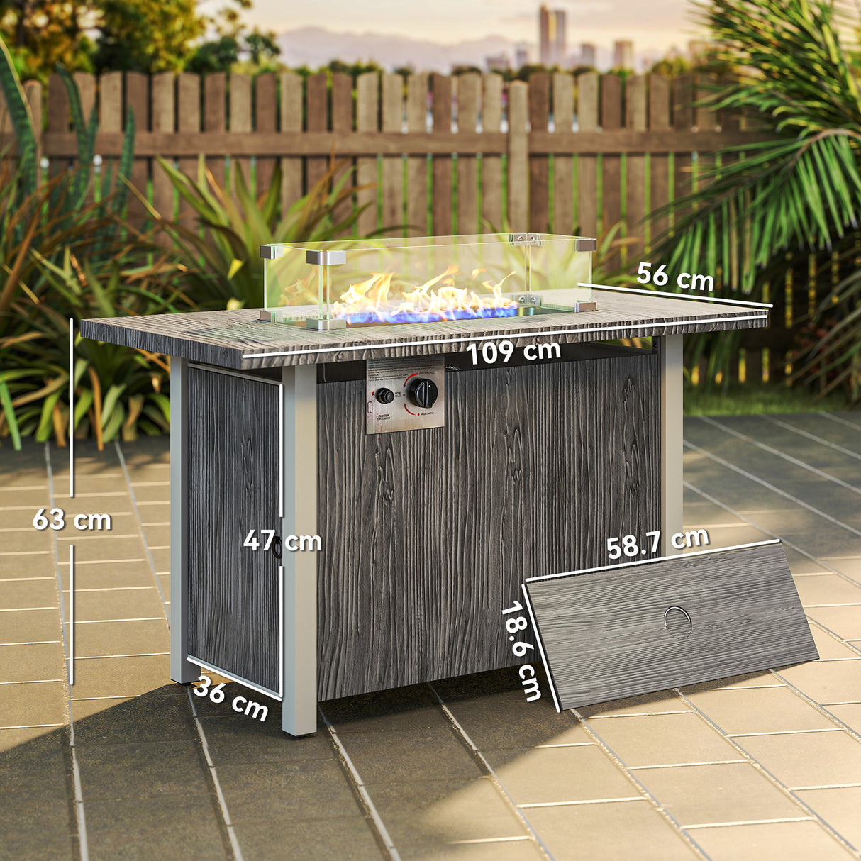 Metal 50,000 BTU Gas Fire Pit Table With Cover and Glass Screen - Velmora