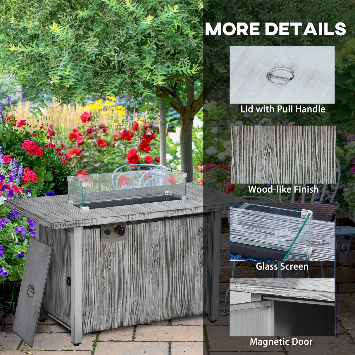 Metal 50,000 BTU Gas Fire Pit Table With Cover and Glass Screen - Velmora