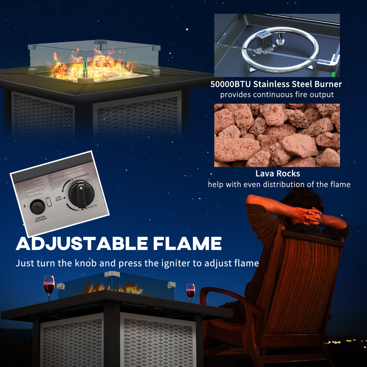Metal 50,000 BTU Rattan Square Smokeless Fire Pit Table With Glass Screen - Velmora