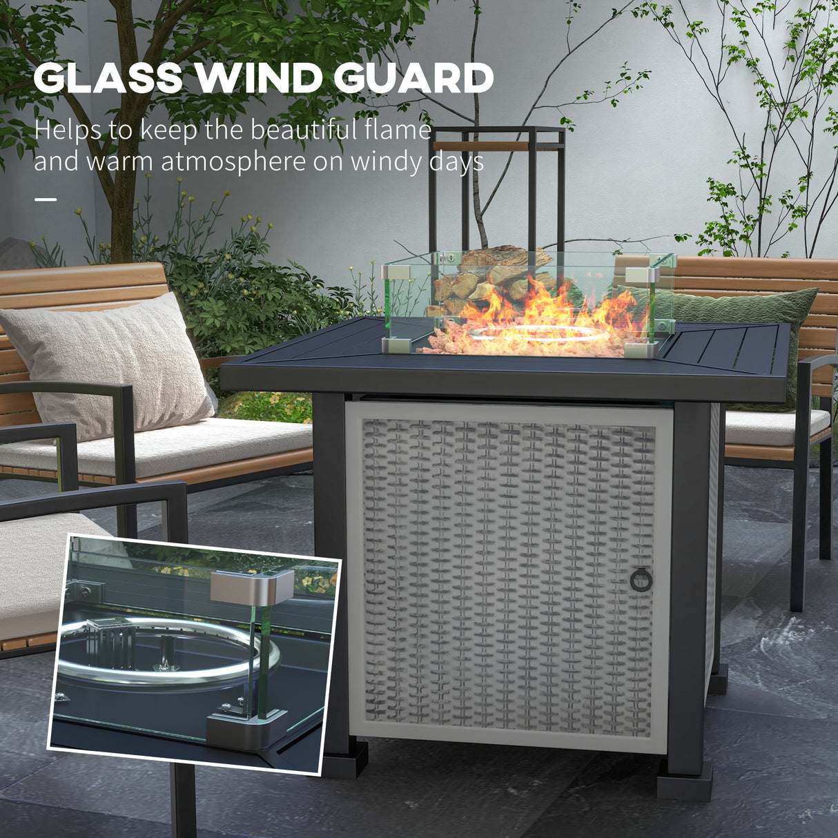 Metal 50,000 BTU Rattan Square Smokeless Fire Pit Table With Glass Screen - Velmora