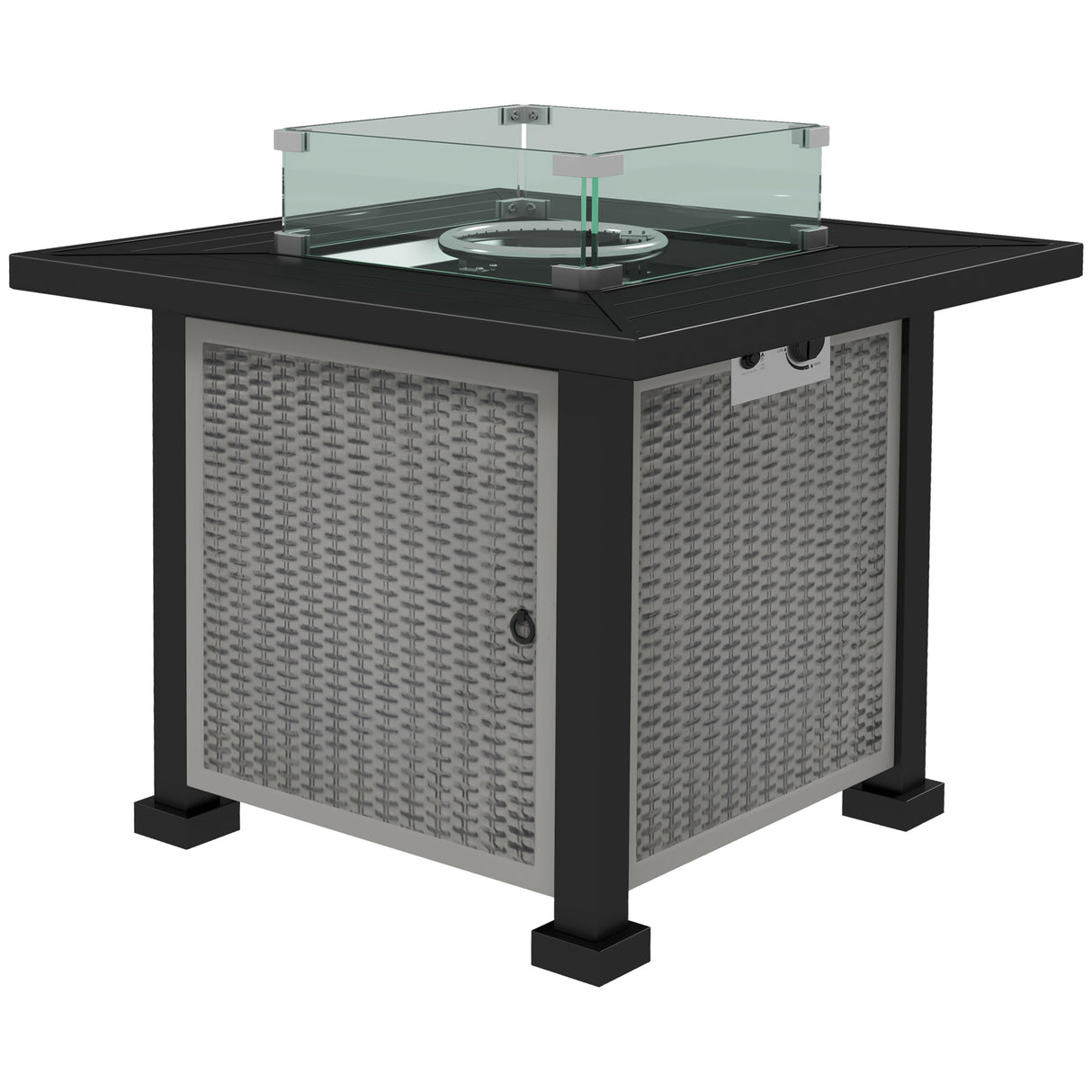 Metal 50,000 BTU Rattan Square Smokeless Fire Pit Table With Glass Screen - Velmora