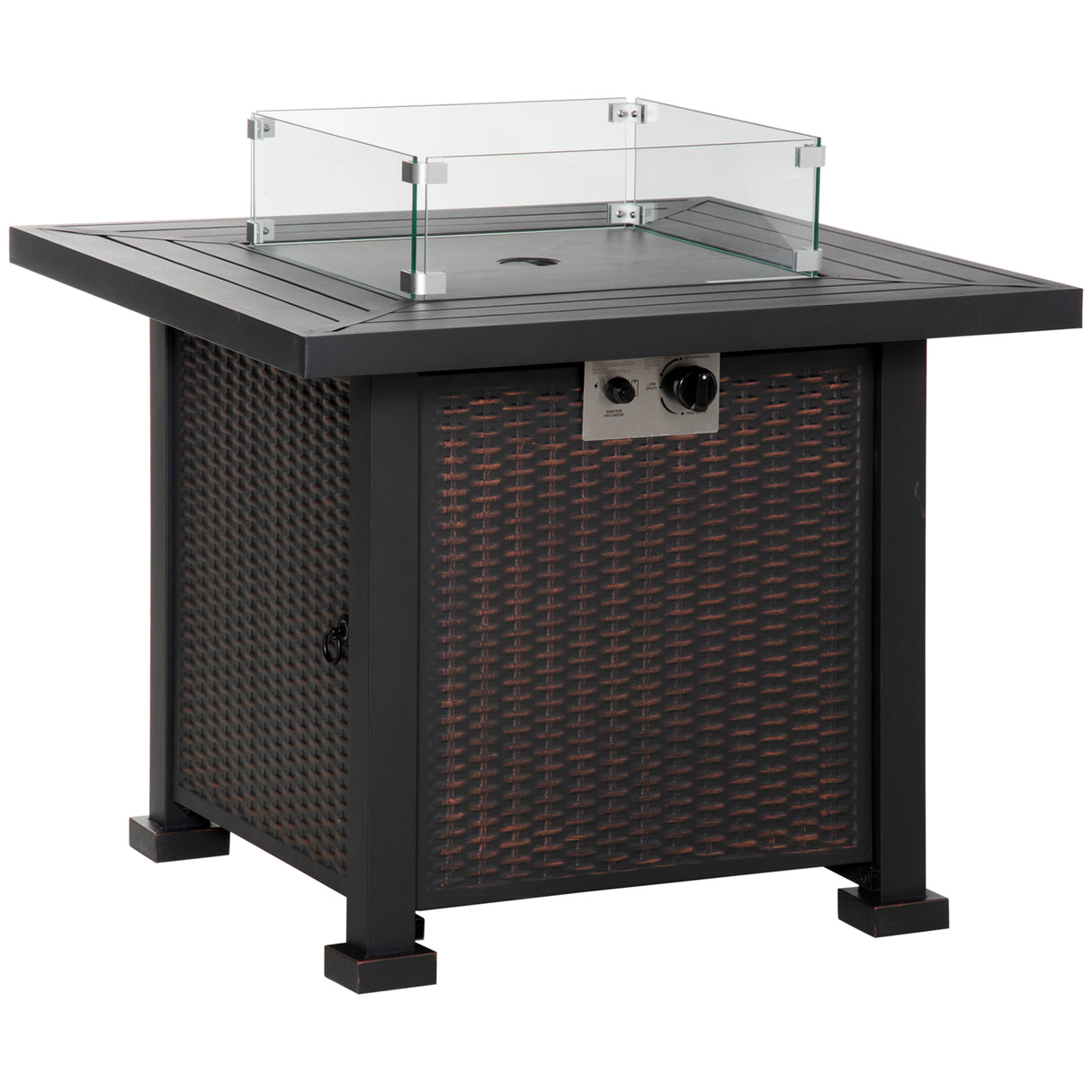 Metal 50,000 BTU Rattan Square Smokeless Fire Pit Table With Glass Screen - Velmora