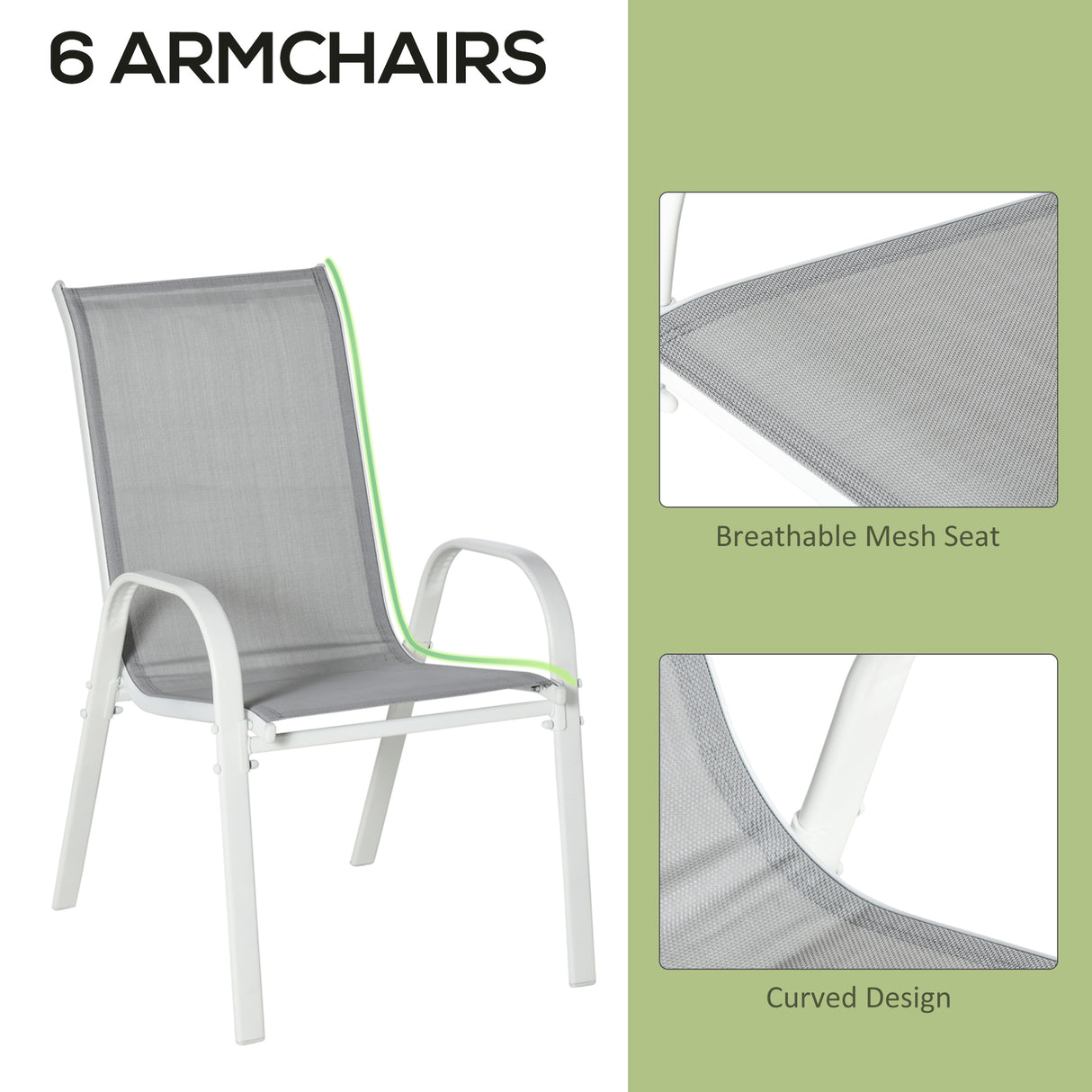 Metal 6 Seater Garden Dining Set With Mesh Fabric Chairs - Velmora