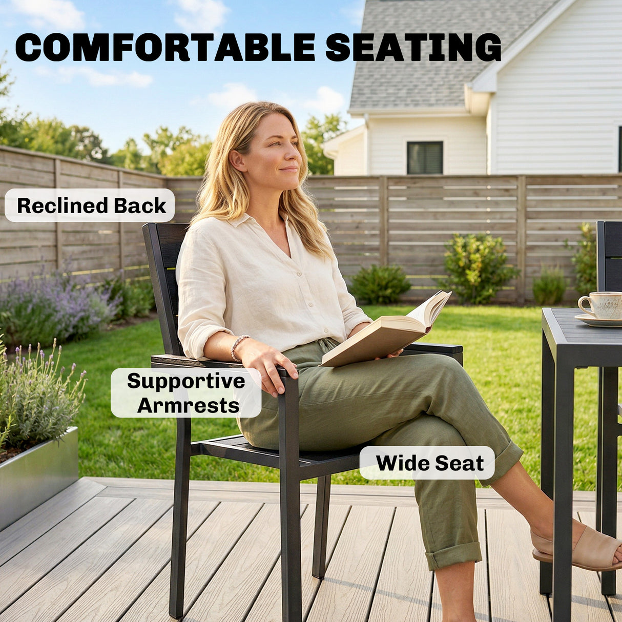 Metal 6 Seater Garden Dining Set With Slatted Table top - Velmora