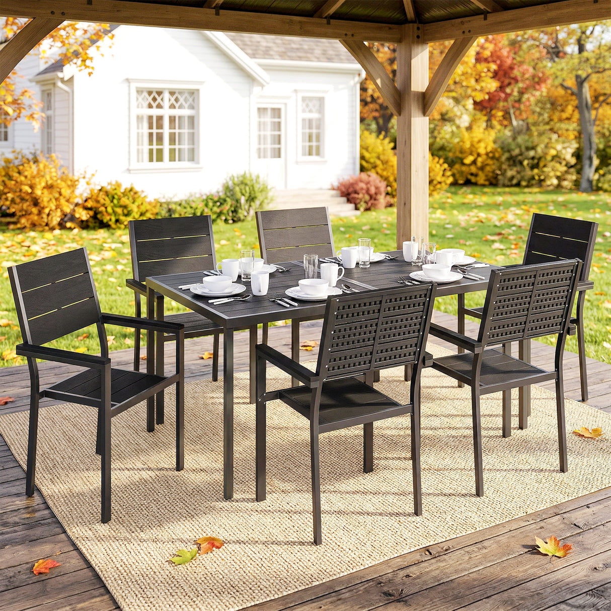 Metal 6 Seater Garden Dining Set With Slatted Table top - Velmora