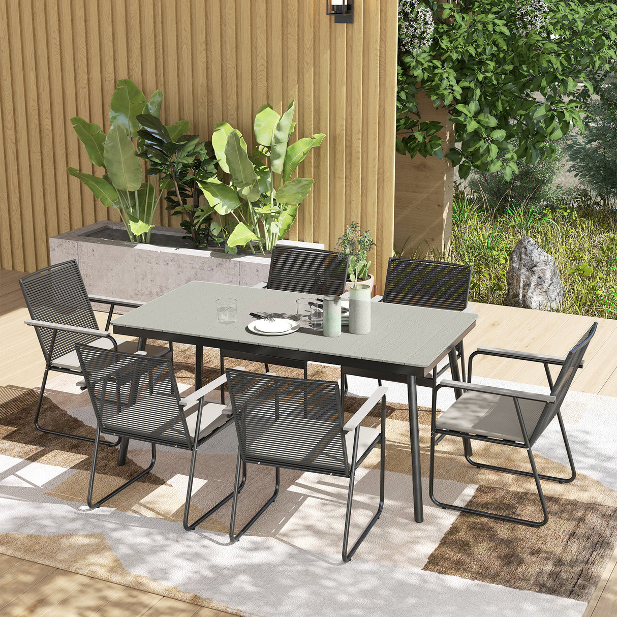 Metal 6 Seater Garden Dining Set With Soft Cushions - Velmora
