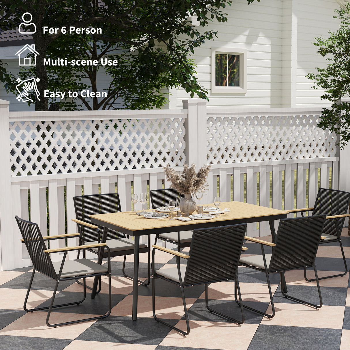 Metal 6 Seater Garden Dining Set With Soft Cushions - Velmora
