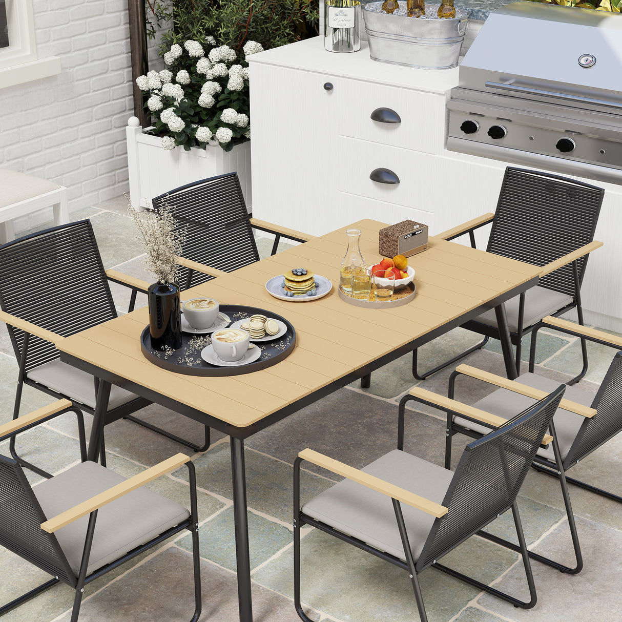 Metal 6 Seater Garden Dining Set With Soft Cushions - Velmora
