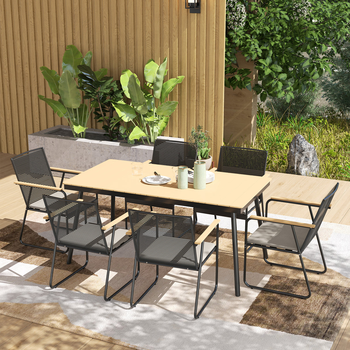 Metal 6 Seater Garden Dining Set With Soft Cushions - Velmora