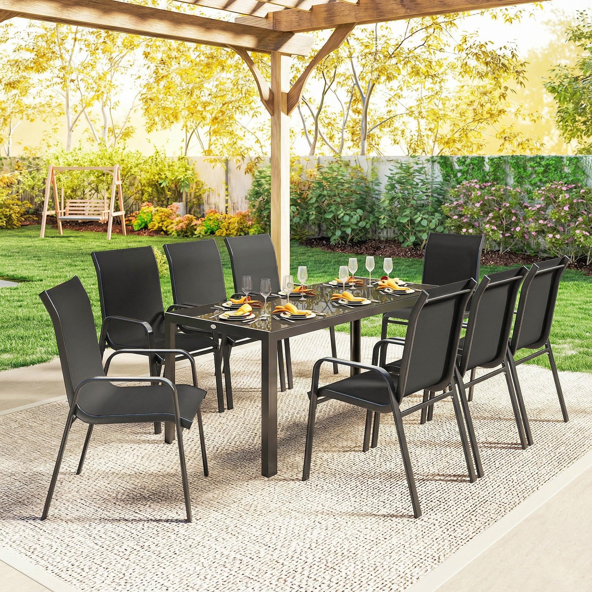 Metal 9 Pieces Garden Dining Set With Glass Top Table for 8 People - Velmora