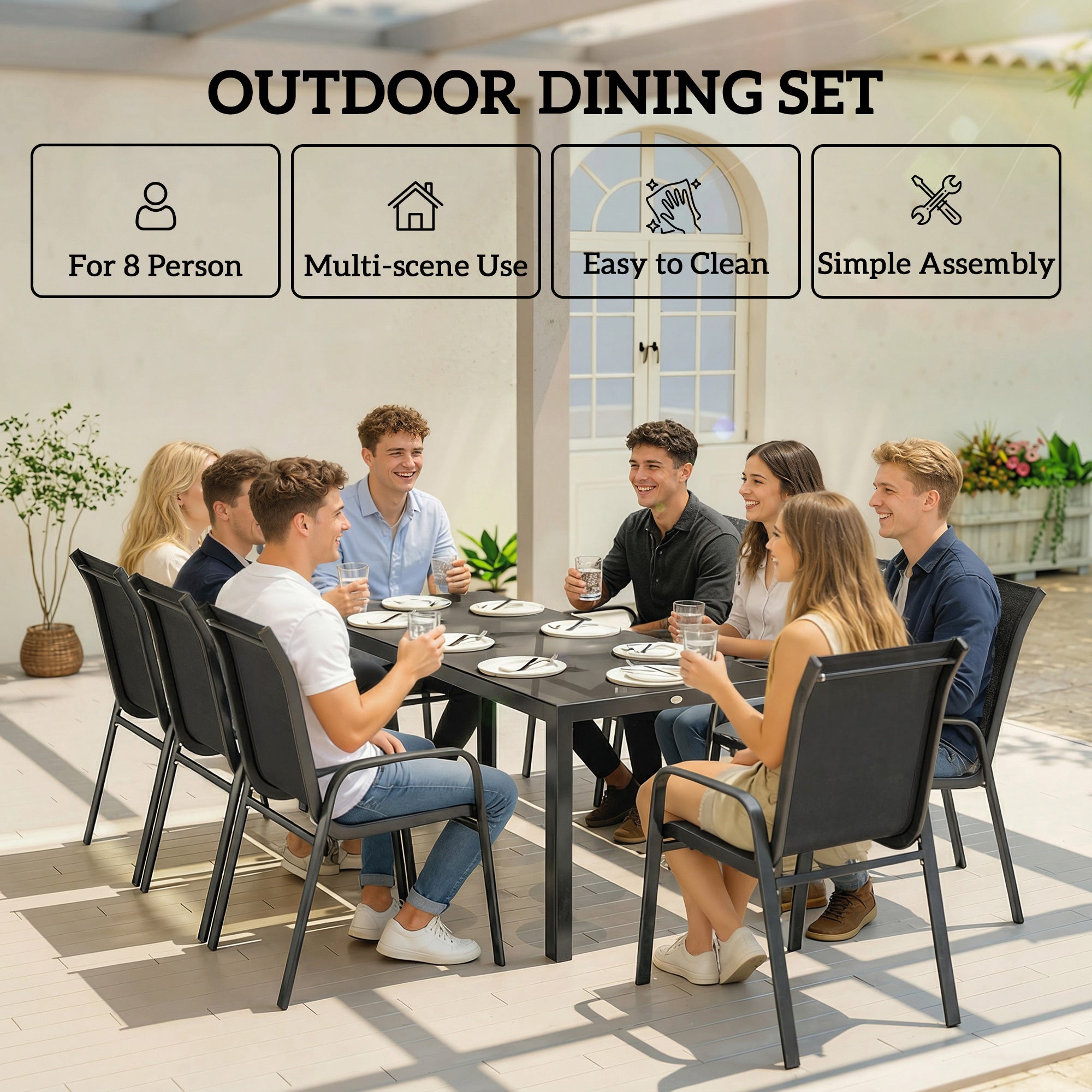 Metal 9 Pieces Garden Dining Set With Glass Top Table for 8 People - Velmora