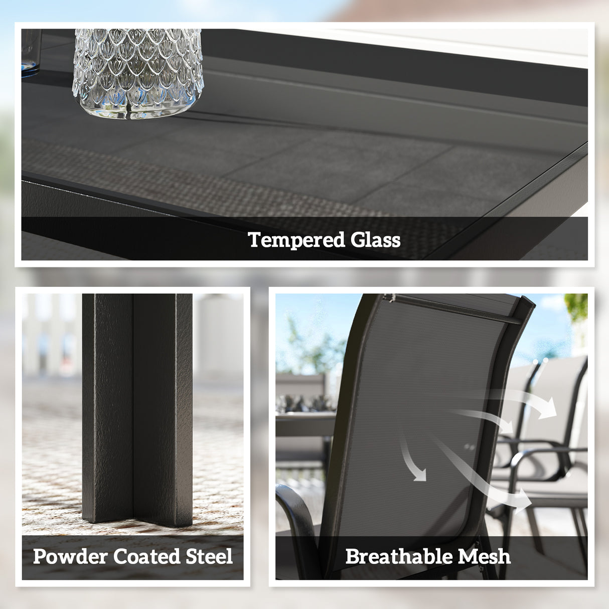 Metal 9 Pieces Garden Dining Set With Glass Top Table for 8 People - Velmora