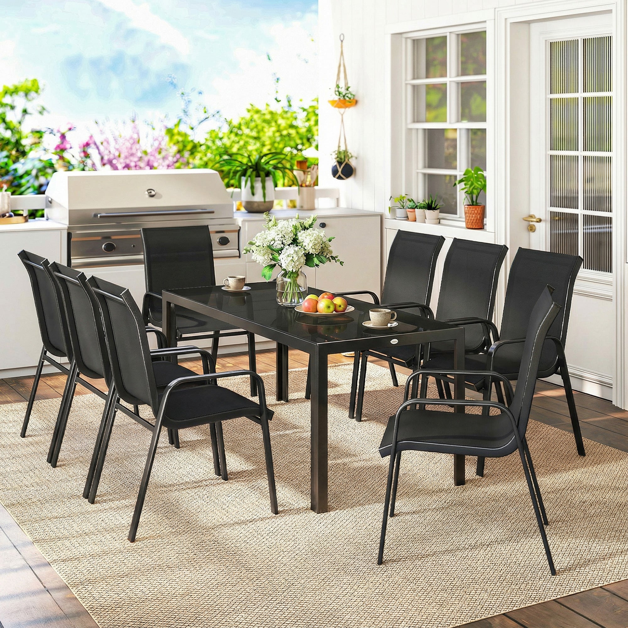 Metal 9 Pieces Garden Dining Set With Glass Top Table for 8 People - Velmora