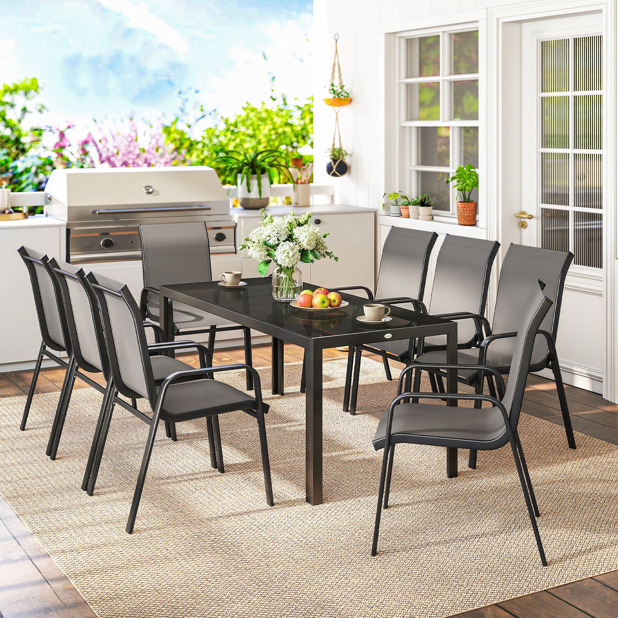 Metal 9 Pieces Garden Dining Set With Glass Top Table for 8 People - Velmora