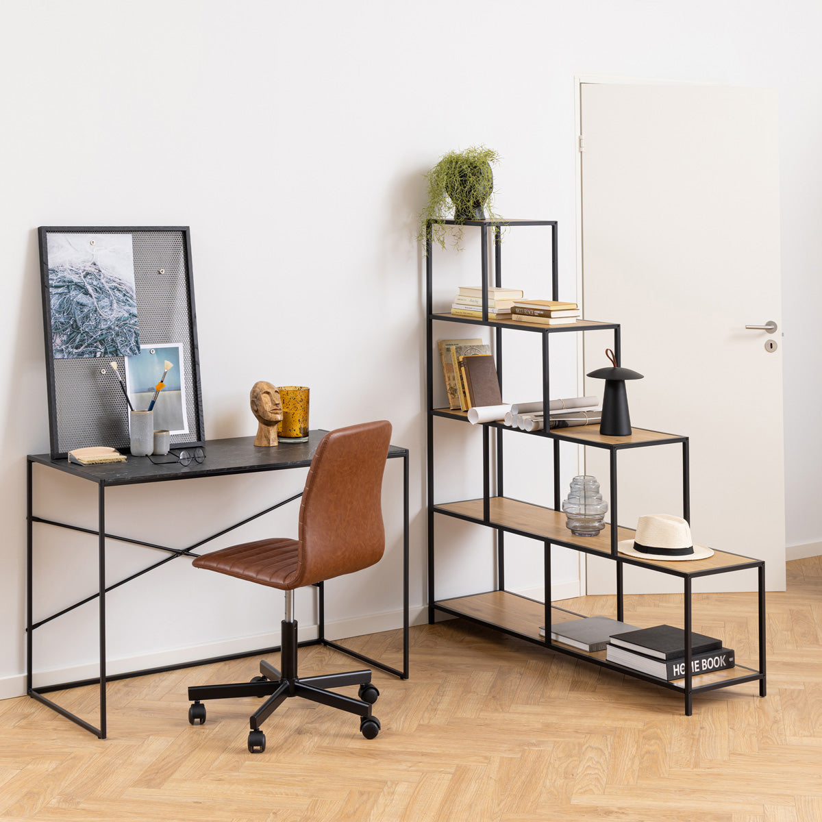 Metal Bookcase With 4 Wooden Shelves - Seaford