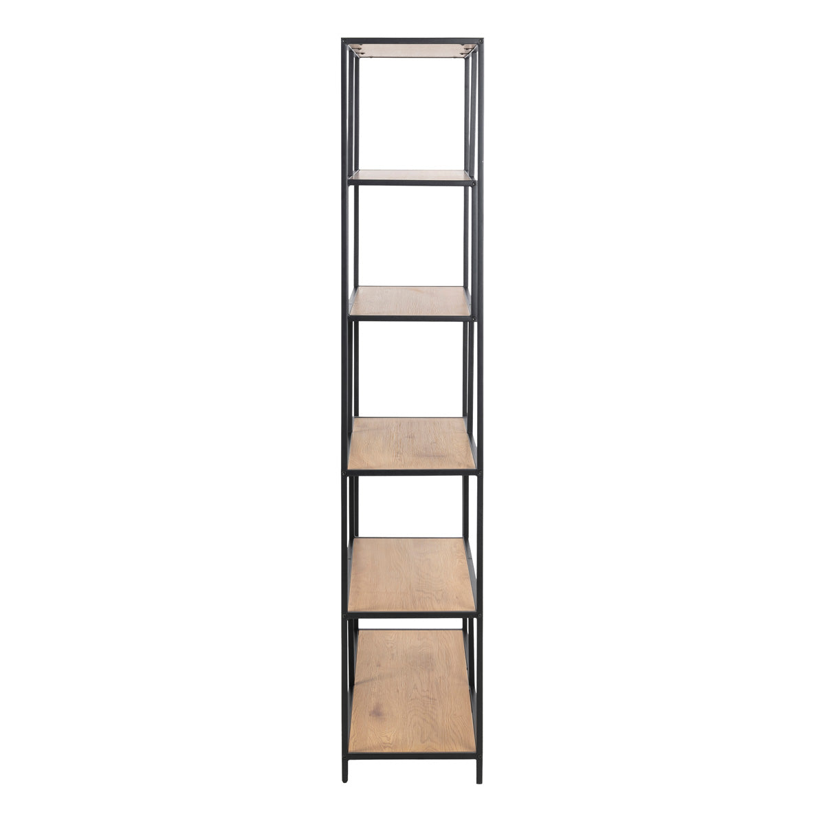 Metal Bookcase Asymmetrical Large in Black With 5 Wooden Shelves - Seaford