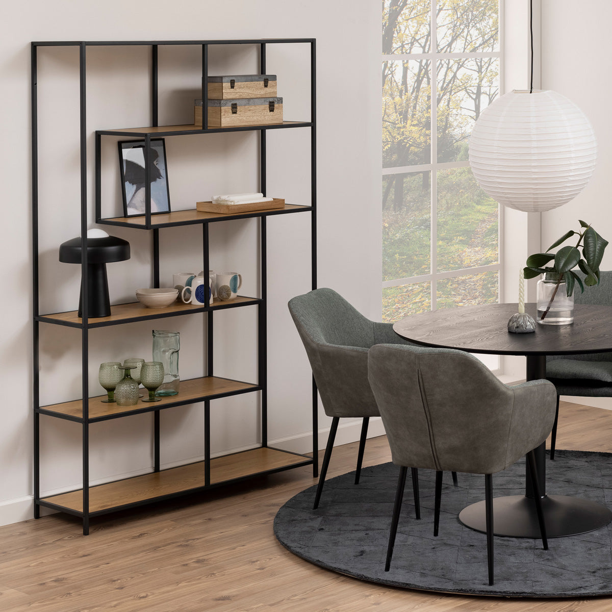 Metal Bookcase Asymmetrical Large in Black With 5 Wooden Shelves - Seaford