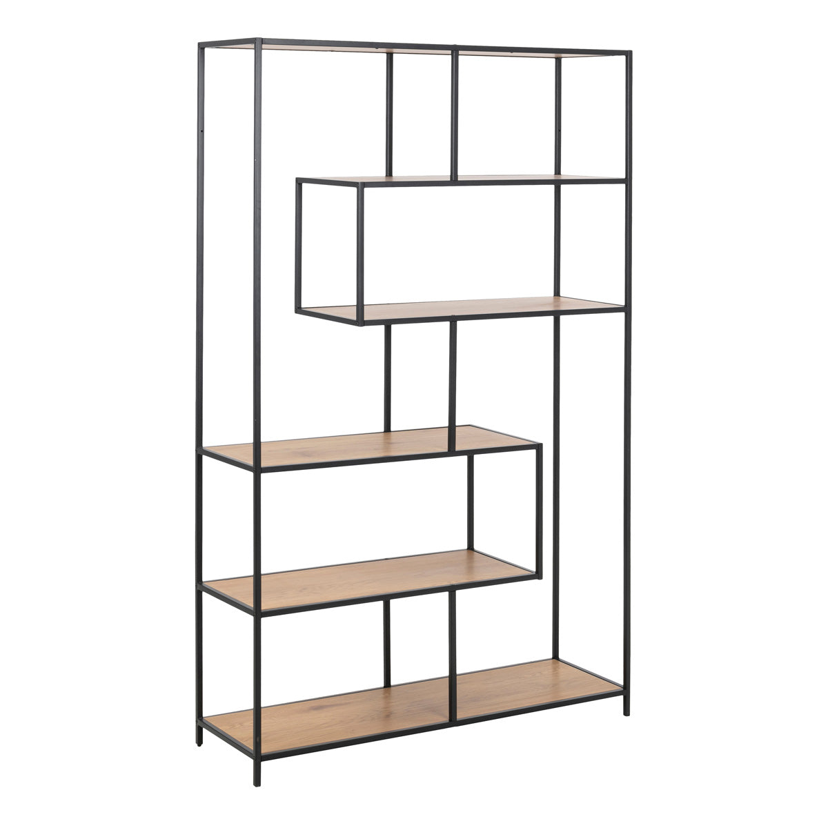 Metal Bookcase Asymmetrical Large in Black With 5 Wooden Shelves - Seaford