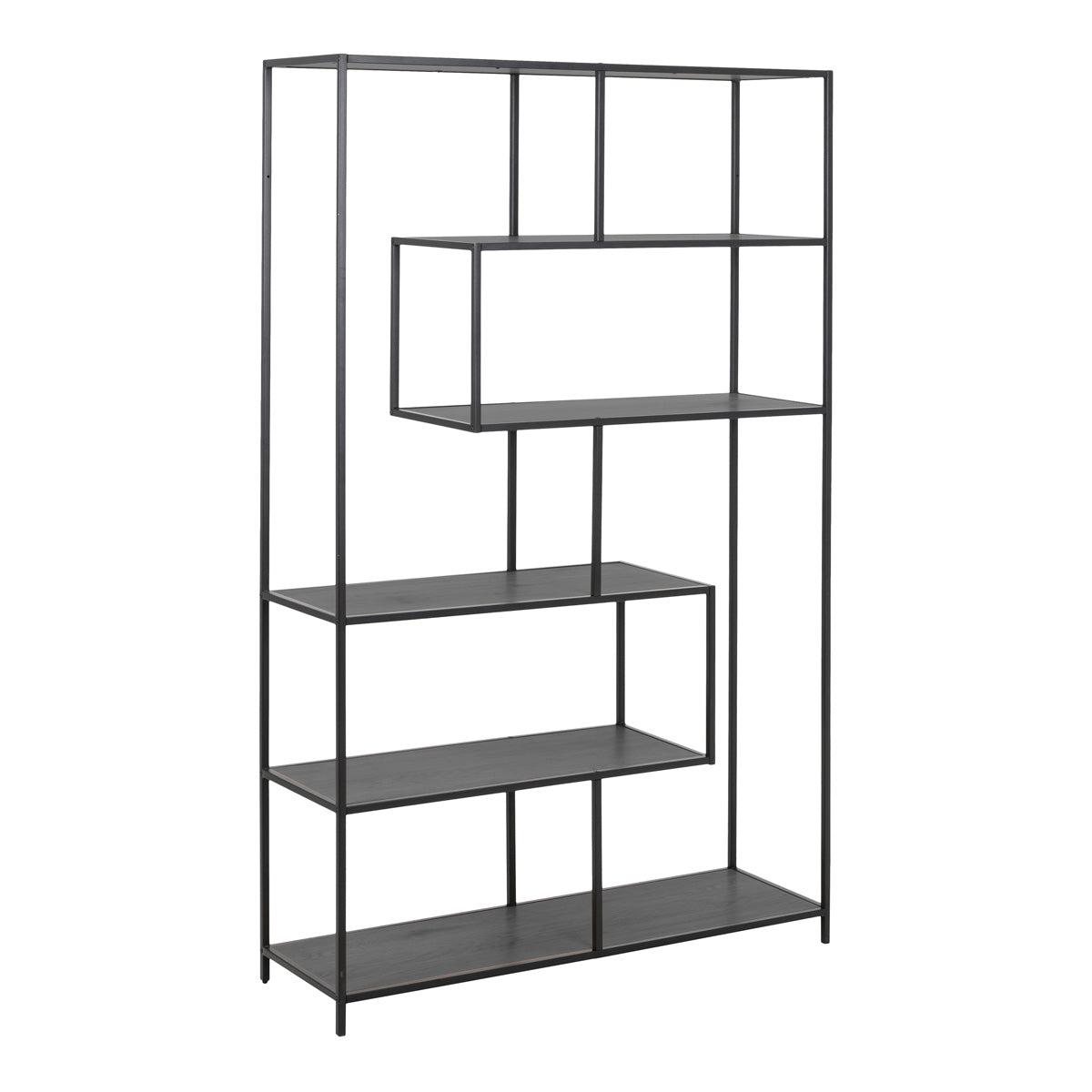 Metal Bookcase Asymmetrical Large in Black With 5 Wooden Shelves - Seaford