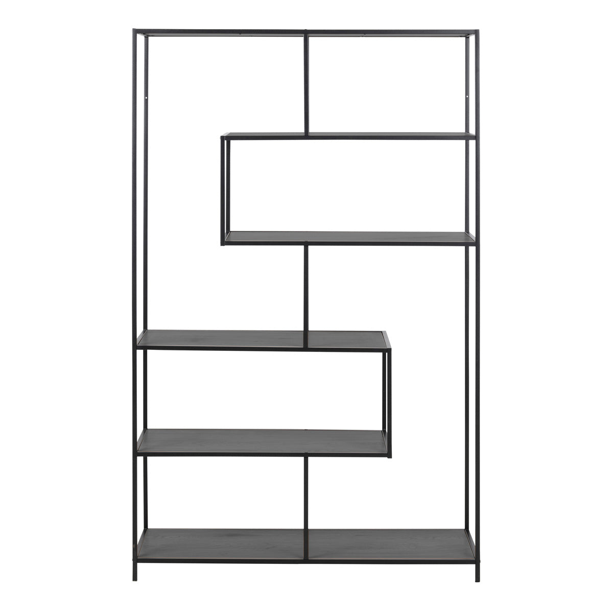 Metal Bookcase Asymmetrical Large in Black With 5 Wooden Shelves - Seaford