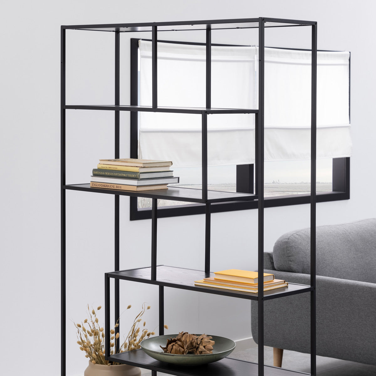 Metal Bookcase Asymmetrical Large in Black With 5 Wooden Shelves - Seaford