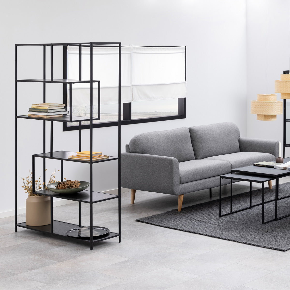 Metal Bookcase Asymmetrical Large in Black With 5 Wooden Shelves - Seaford