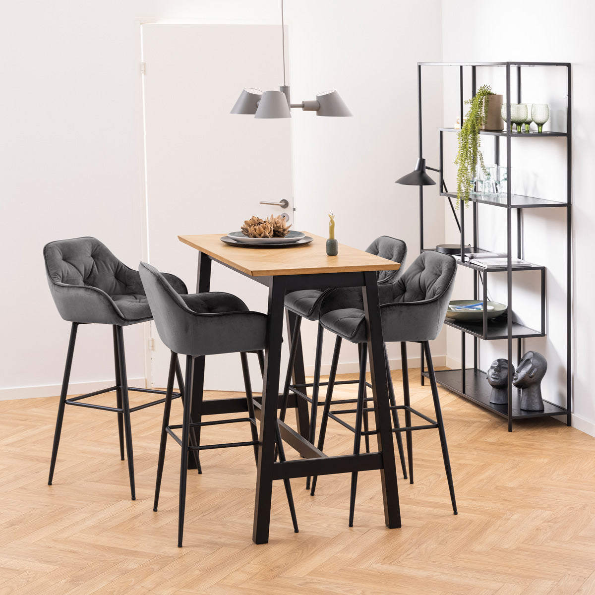 Metal Bookcase Asymmetrical Large in Black With 5 Wooden Shelves - Seaford