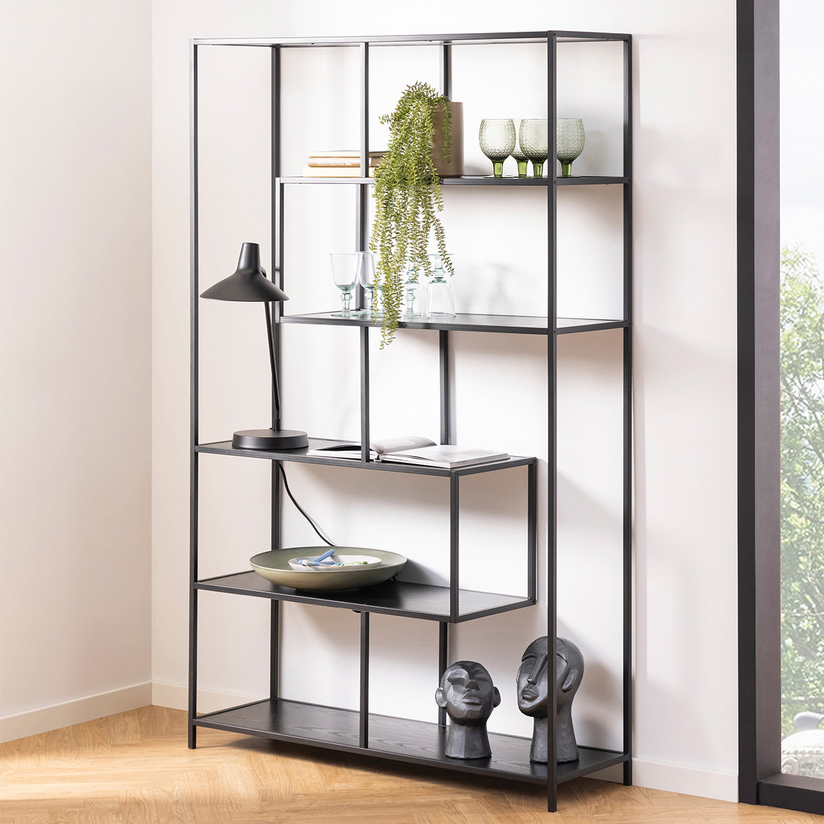 Metal Bookcase Asymmetrical Large in Black With 5 Wooden Shelves - Seaford