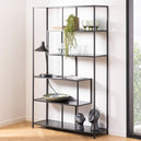 Metal Bookcase Asymmetrical Large in Black With 5 Wooden Shelves - Seaford