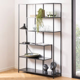 Metal Bookcase Asymmetrical Large in Black With 5 Wooden Shelves - Seaford