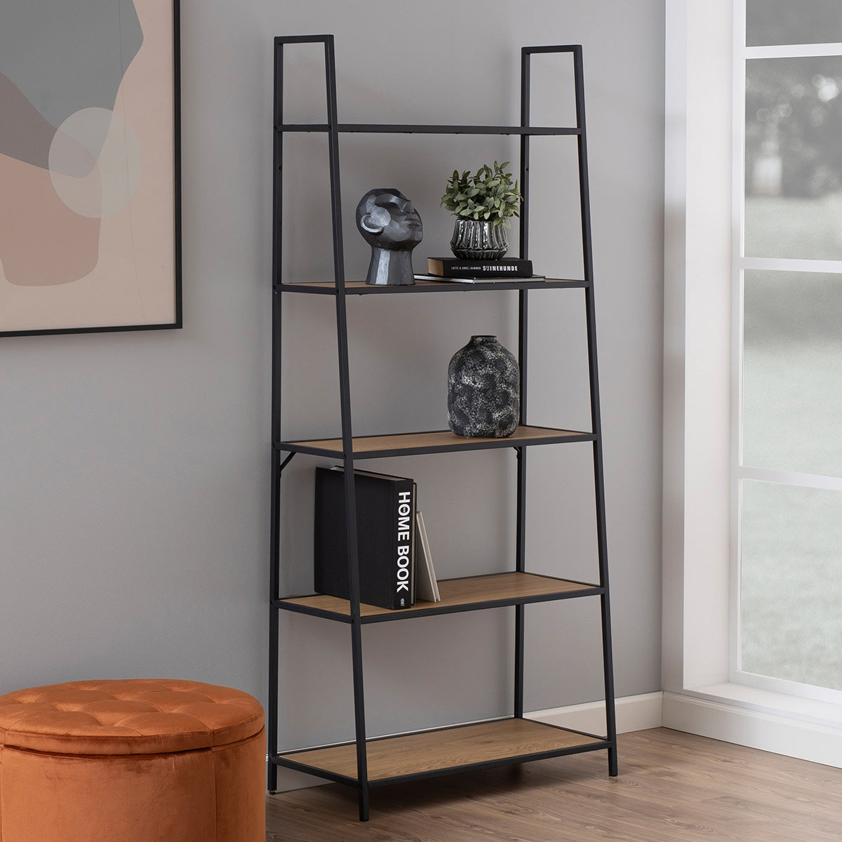 Metal Bookcase Ladder Design With 5 Oak Shelves - Seaford