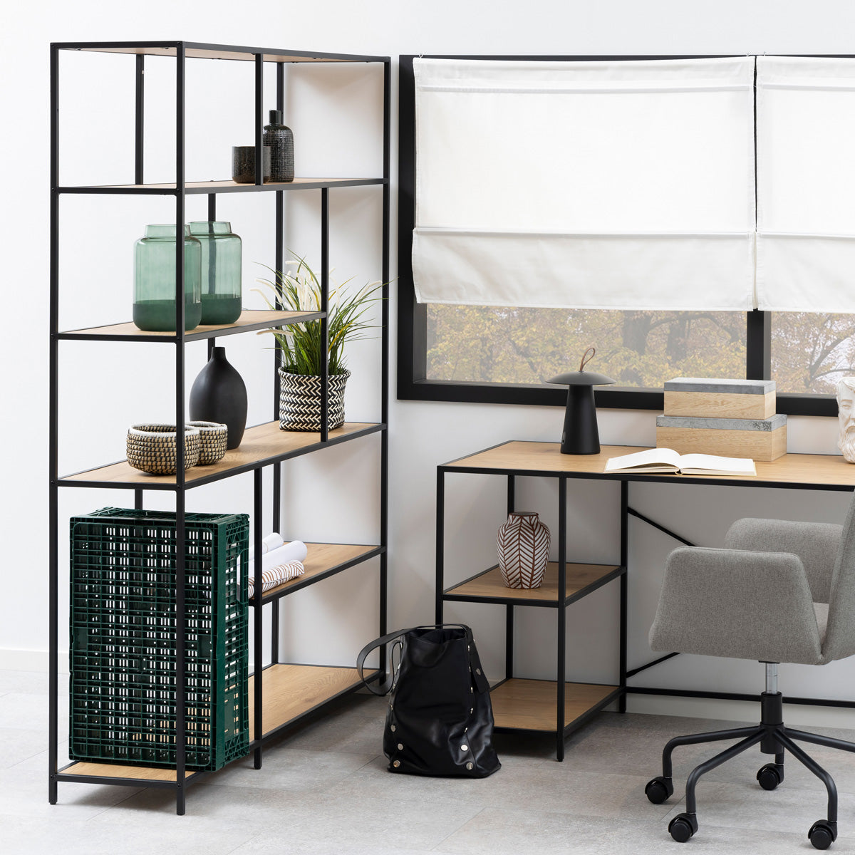 Metal Bookcase Large With 5 Wooden Shelves - Seaford