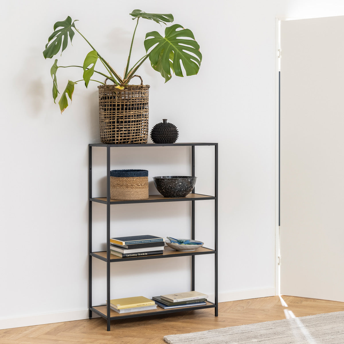 Metal Bookcase Low in Black With 3 Shelves - Seaford